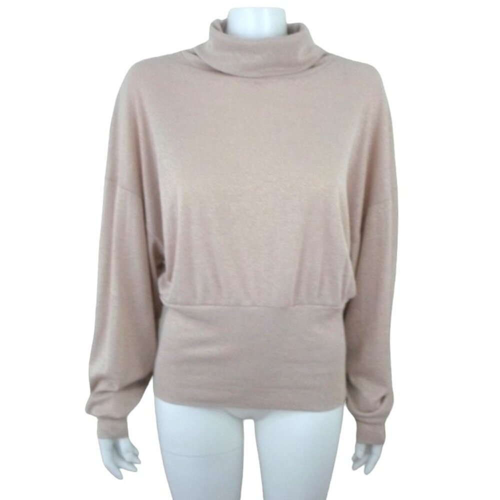 Free People Glam Beige Metallic Turtleneck Sweater w Banded Waist Bishop Sleeve